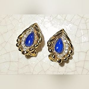Small textured gold and rhinestone with blue teardrop cabochon pierced earrings